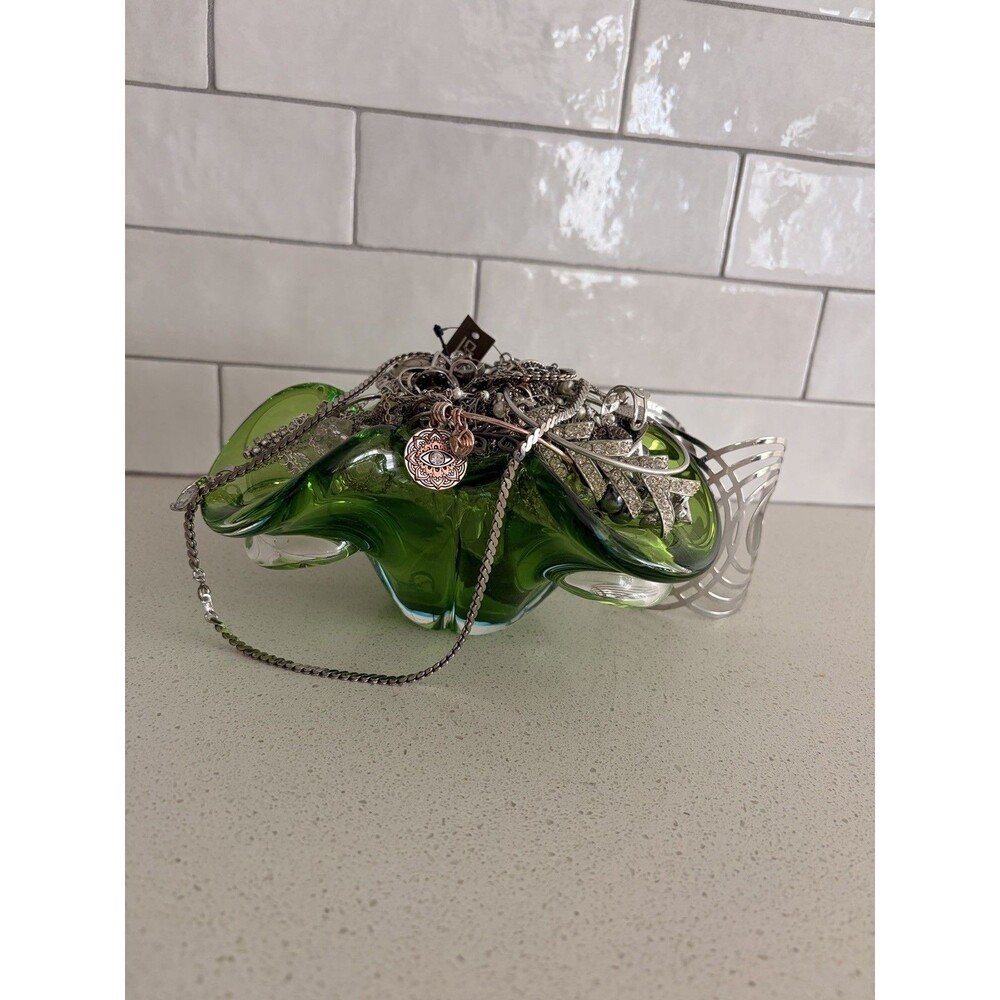 VTG Mystery All Silver Tone Jewelry Jar In Murano Dish Ring Necklace Earring